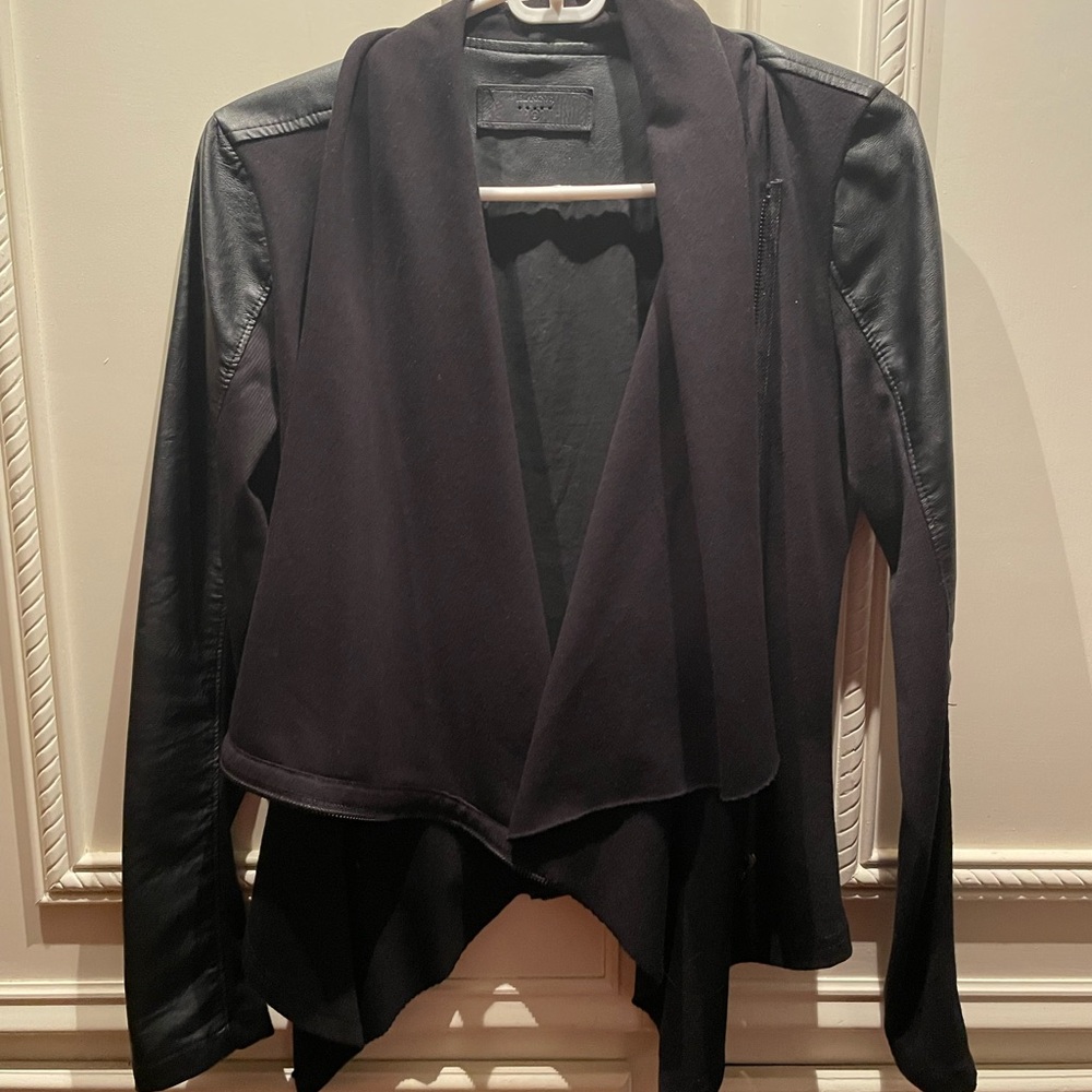 Mixed media jacket moto style with zipper front. Can also be worn open & draped
